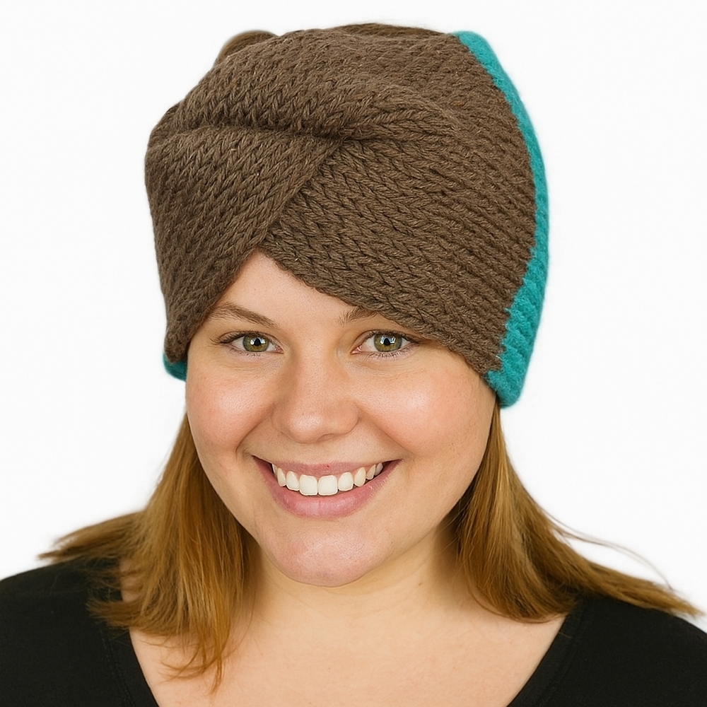 Hand Knit One Of A Kind Twisted Headband In Brown And Teal